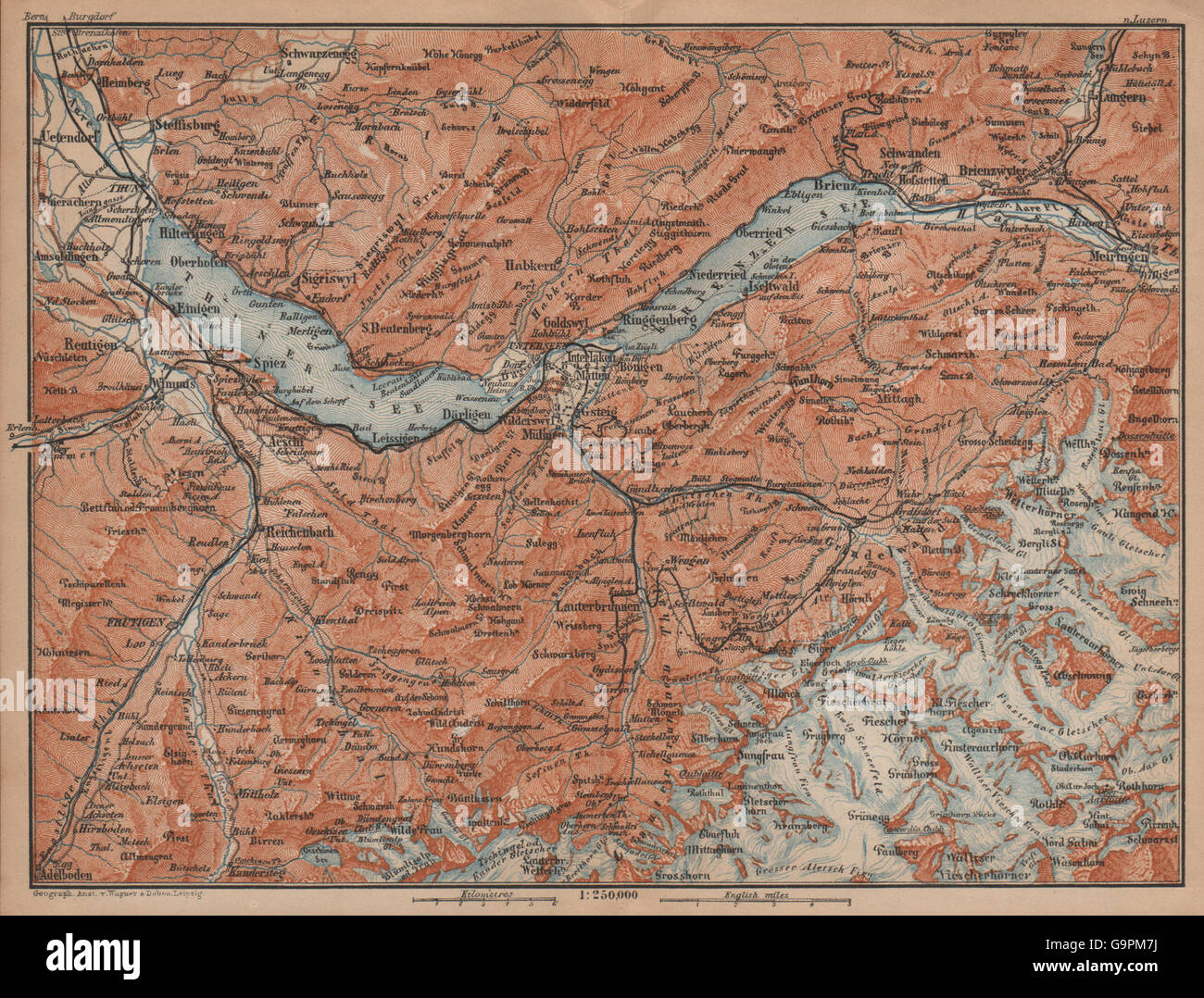 BERNESE OBERLAND. Wengen Mürren Grundelwald Reutigen Interlaken Eiger, 1901 map Stock Photo