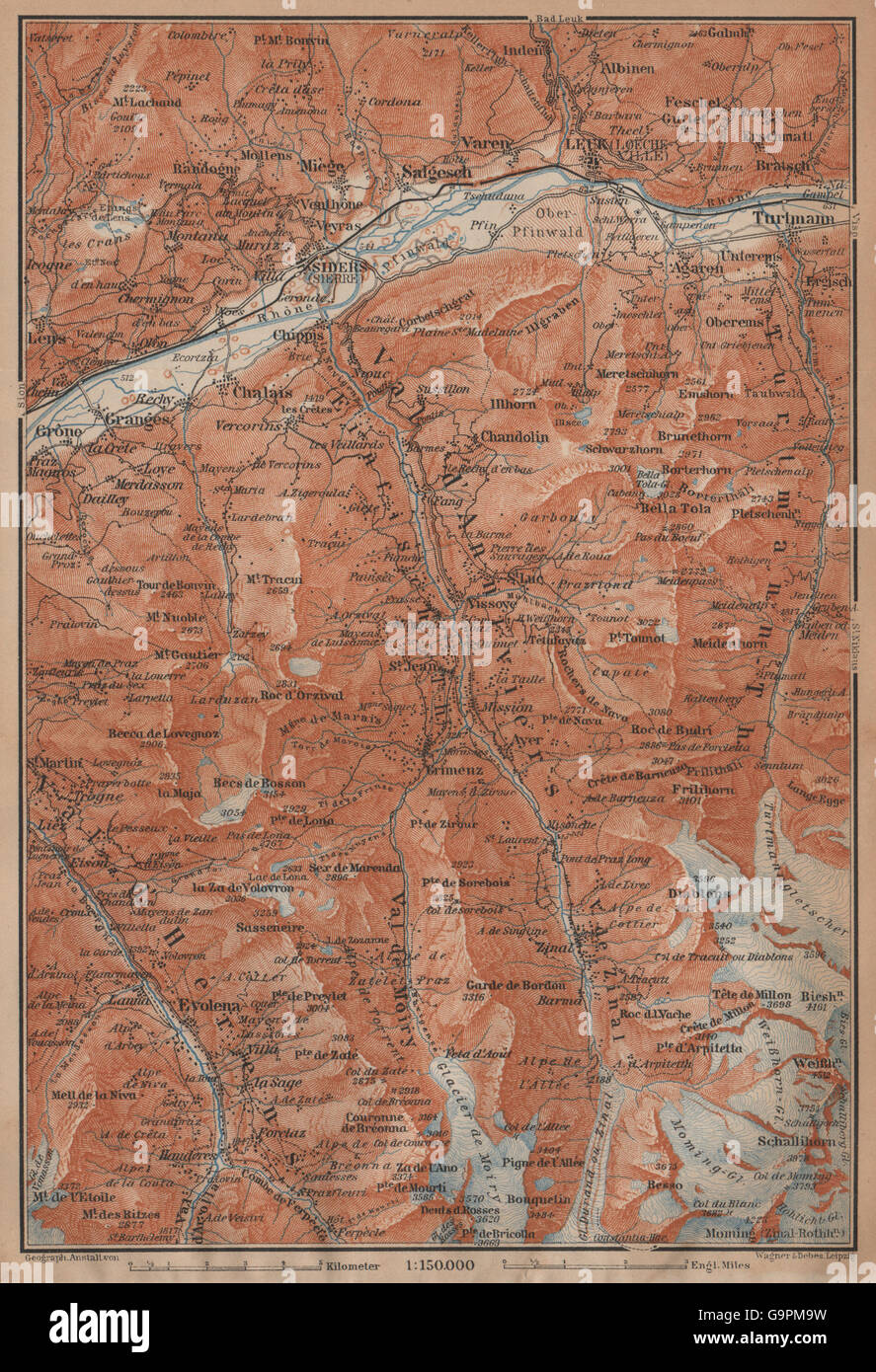 SIERRE & VAL D'ANNIVIERS. Crans-Montana Grimentz Leukle Weisshorn, 1901 map Stock Photo