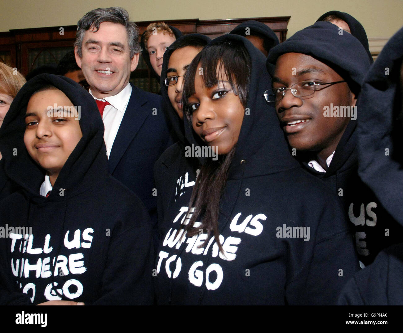 Chancellor Gordon Brown meets young people wearing 'hoodies' at No.11 Downing Street in London. Stock Photo