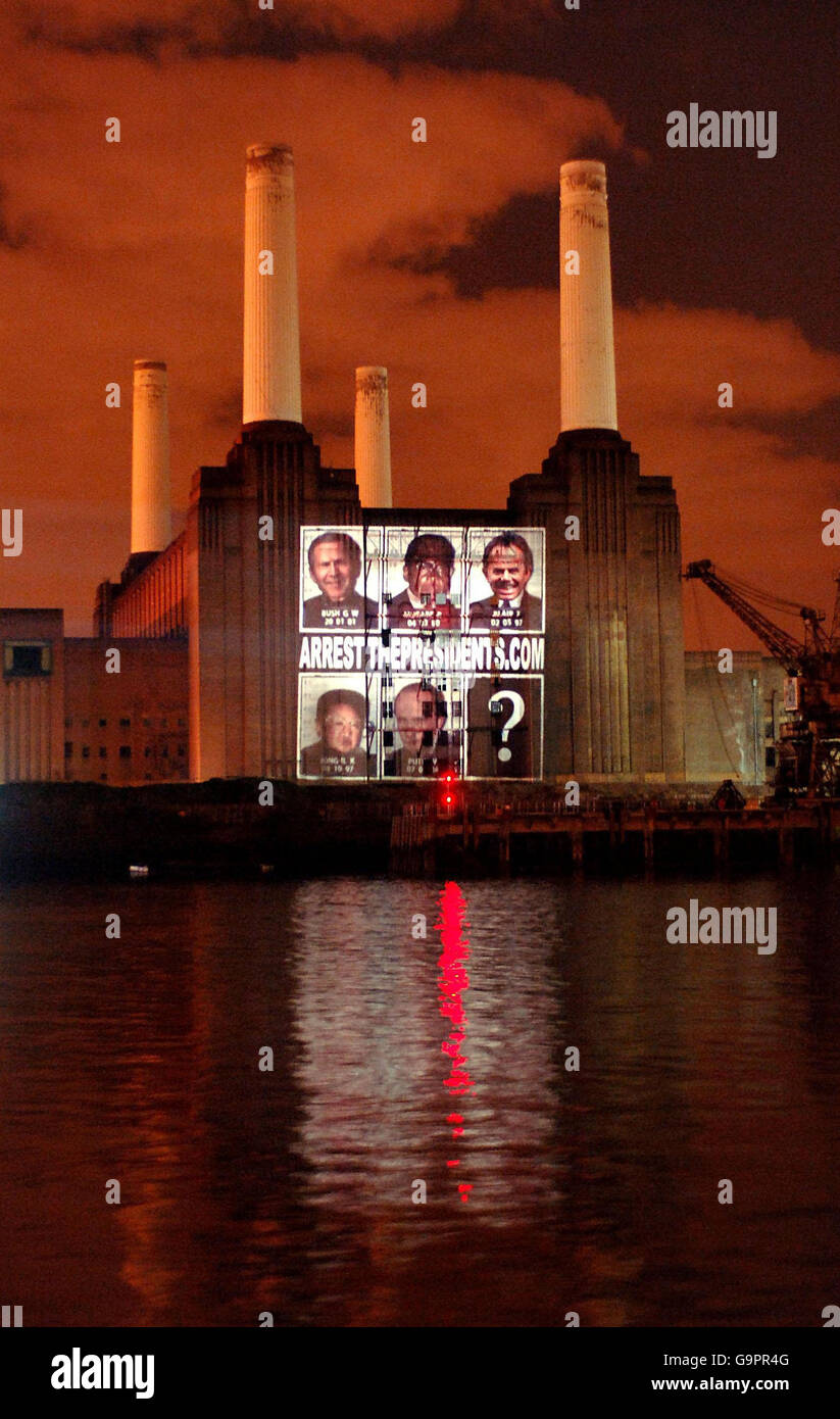 The faces of (clockwise from top left) American President George W. Bush, President of Zimbabwe Robert Mugabe, British Prime Minister Tony Blair, Russian President Vladimir Putin and North Korean Leader Kim Jong-il, projected onto Battersea Power station in London to promote what is believed to be the World's first interactive song. Stock Photo