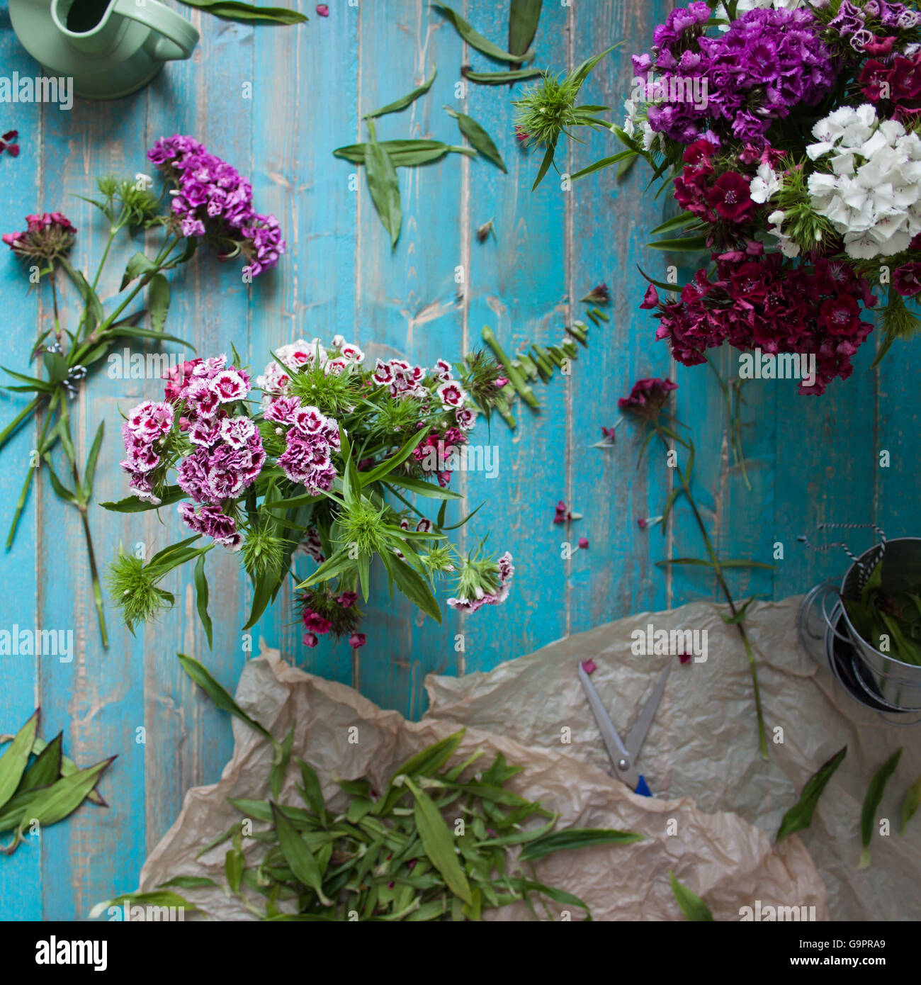 Lifestyle Floristry Image with Sweet William flowers, Country Life, for Blog Post, Social Media, Newsletter, Small Business, Printed Media Stock Photo