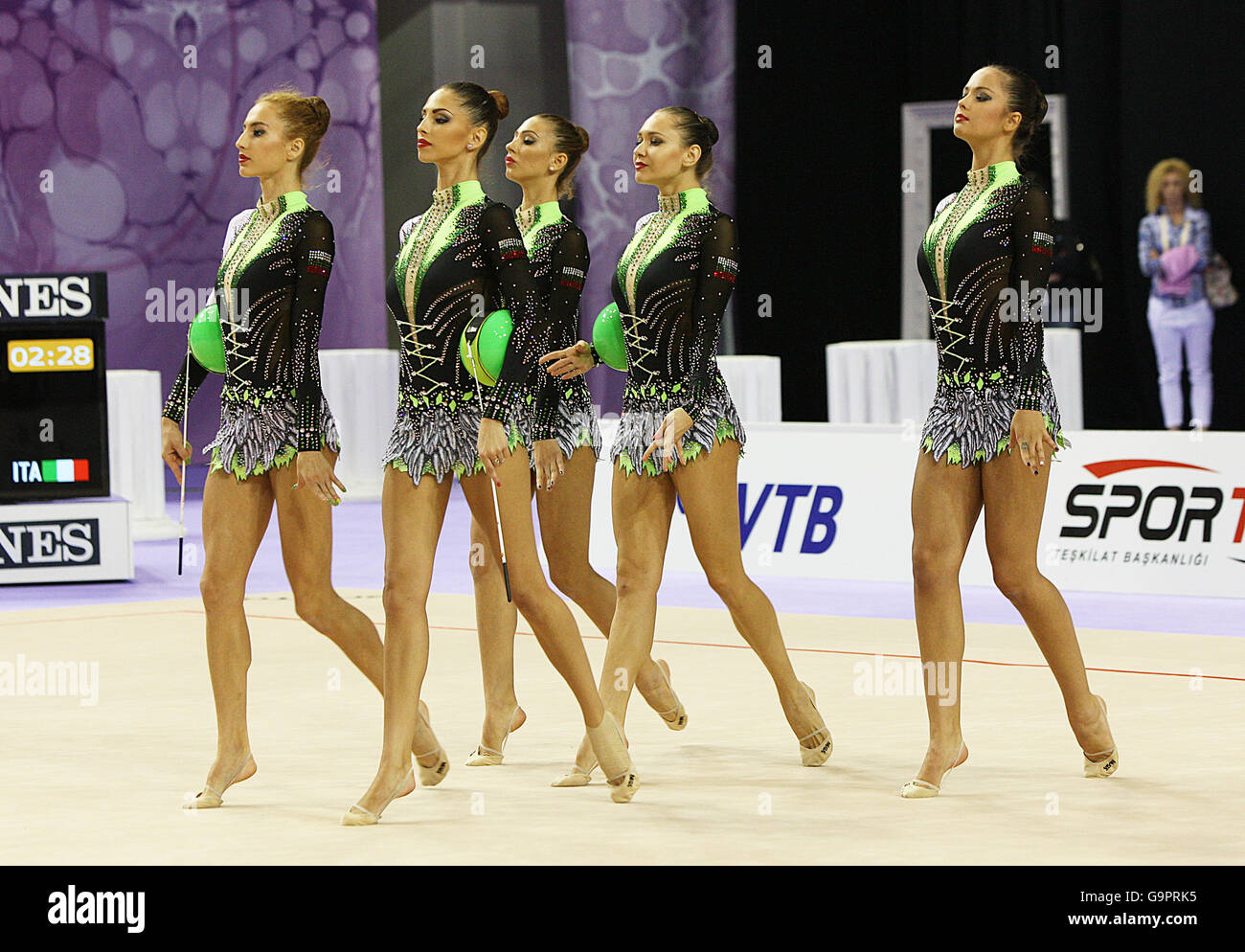 Tsvetelina Stoyanova from Bulgaria with the Bulgarian group during 33rd Rhythmic Gymnastics World Championships Stock Photo