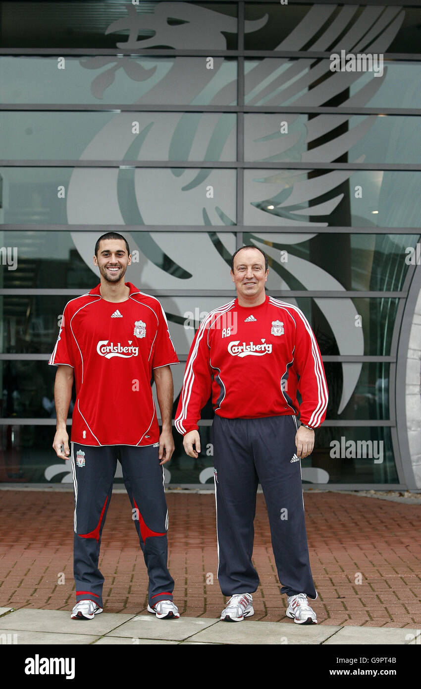 New Liverpool signing Alvaro Arbeloa Coca with manager Rafael Benitez (right) following a press conference at Melwood training ground, Liverpool. Stock Photo