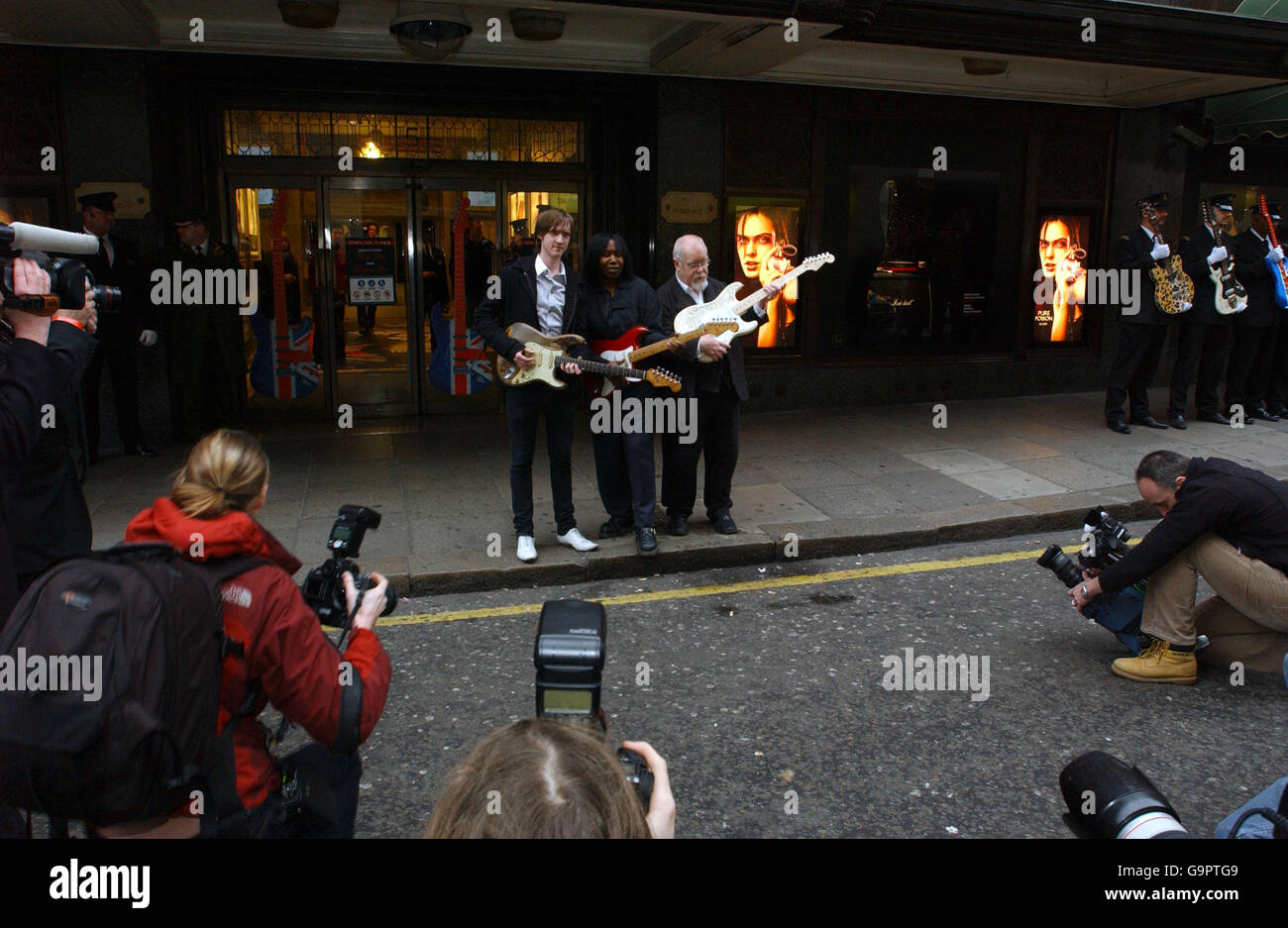 Daniel Gallagher, nephew of Rory Gallagher, Joan Armtrading and Sir Peter Blake launch Harrods Rocks, central London. Stock Photo