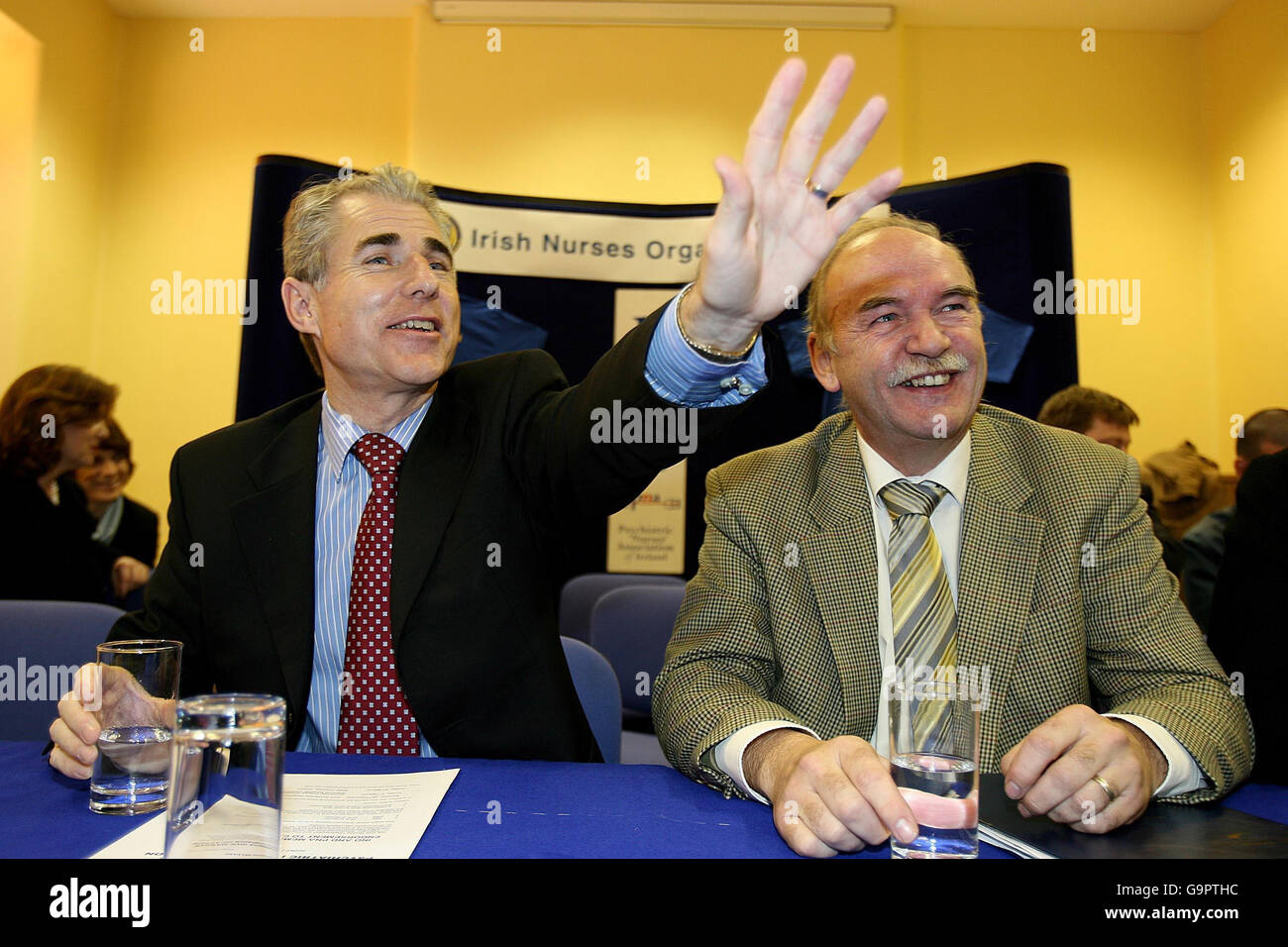 Irish Nurses Organisation (INO) General Secretary Liam Doran (left) and Psychiatric Nurses Association General Secretary Des Kavanagh at INO headquarters in Dublin, where they announced that their members have voted to go on strike unless they get better working conditions. Stock Photo