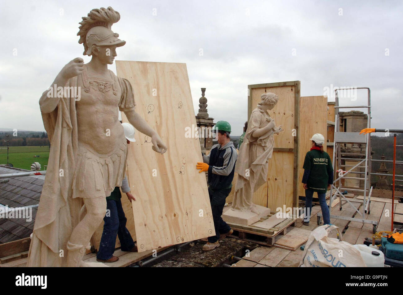 Replacement statues are unveiled on the roof of Blenheim Palace's North Facade. Stock Photo