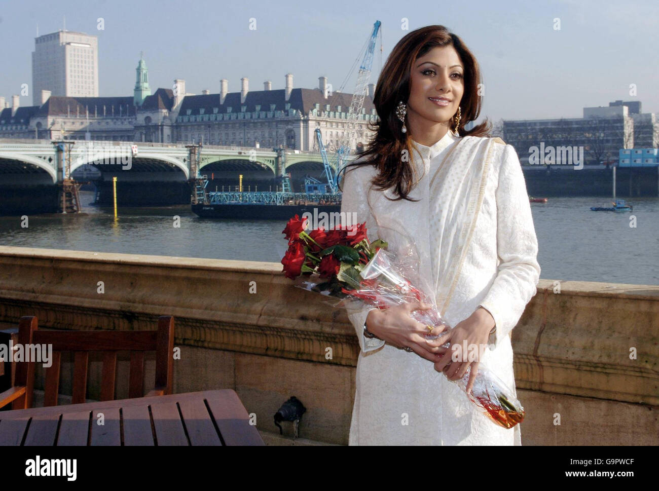 Celebrity Big Brother winner Shilpa Shetty stands on the terrace at the Houses of Parliament in central London. Stock Photo