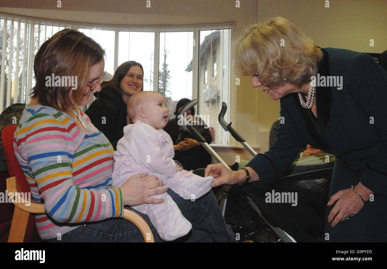 The Duchess Of Cornwall Right Meets Helen Mathewson And Her 4 Month Old Daughter Isabel During A Visit To The New Hathaway Medical Centre In Chippenham Wiltshire Stock Photo Alamy