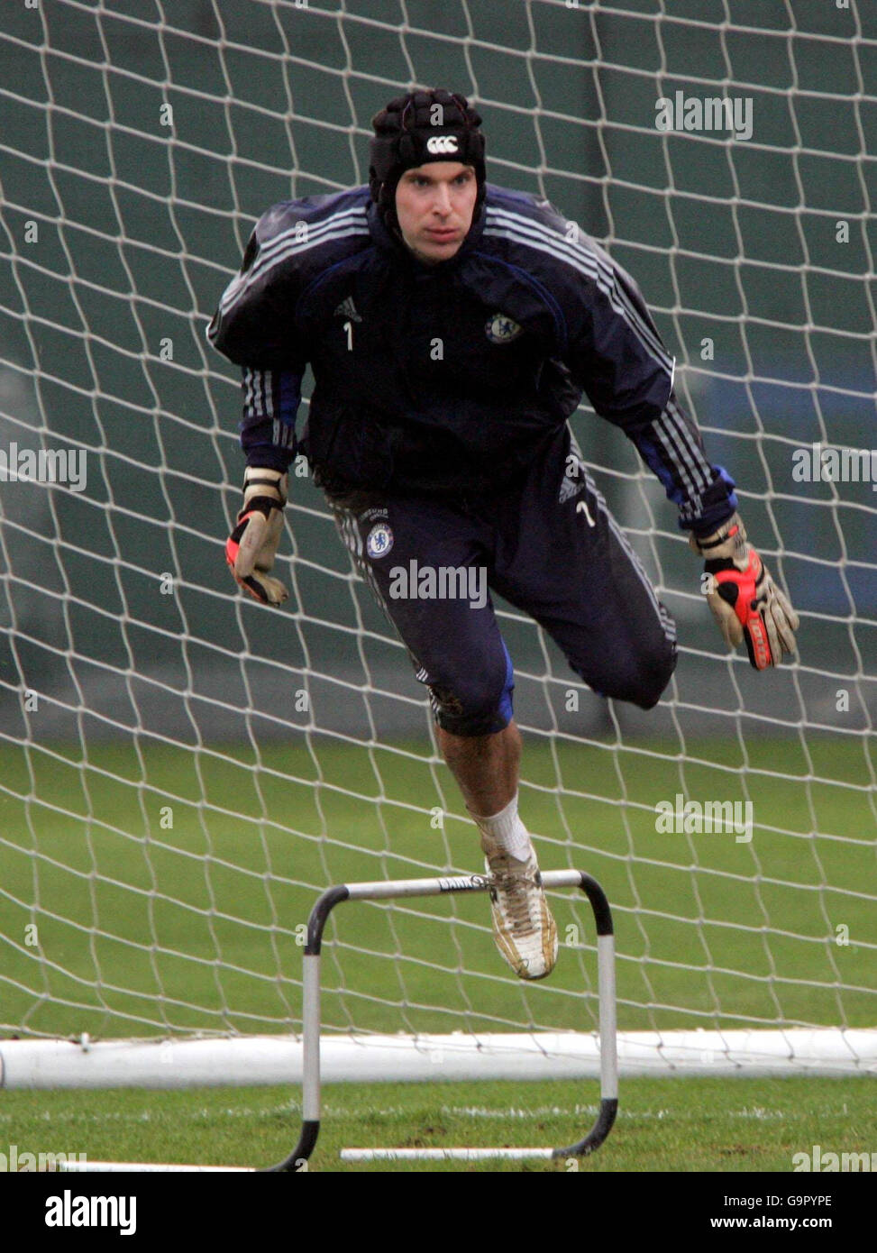 Chelsea goalkeeper Petr Cech in action during a training session at