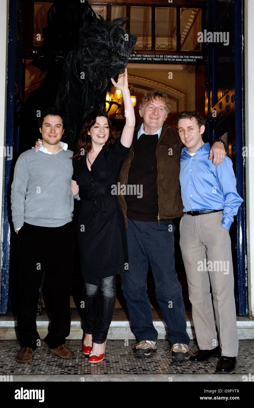 Lead actors in the musical (left-right) James Loye (who will play Frodo Baggins), Laura Michelle Kelly (who will play Galadriel), Malcolm Storry (Gandalf) and Michael Therriault (Gollum) at a photocall to announce the casting of the stage adaptation of 'The Lord Of The Rings' - which will open on 19 June - at The Theatre Royal Drury Lane, central London. Stock Photo