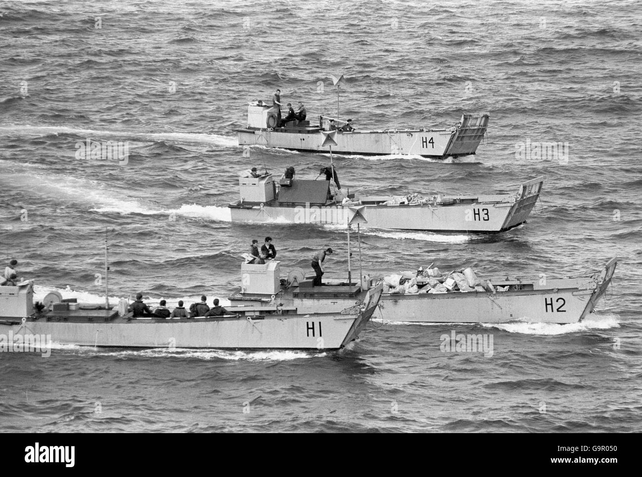 Landing craft from HMS Hermes exercising in the Atlantic whilst the fleet makes its way south to the Ialkland Islands. Stock Photo