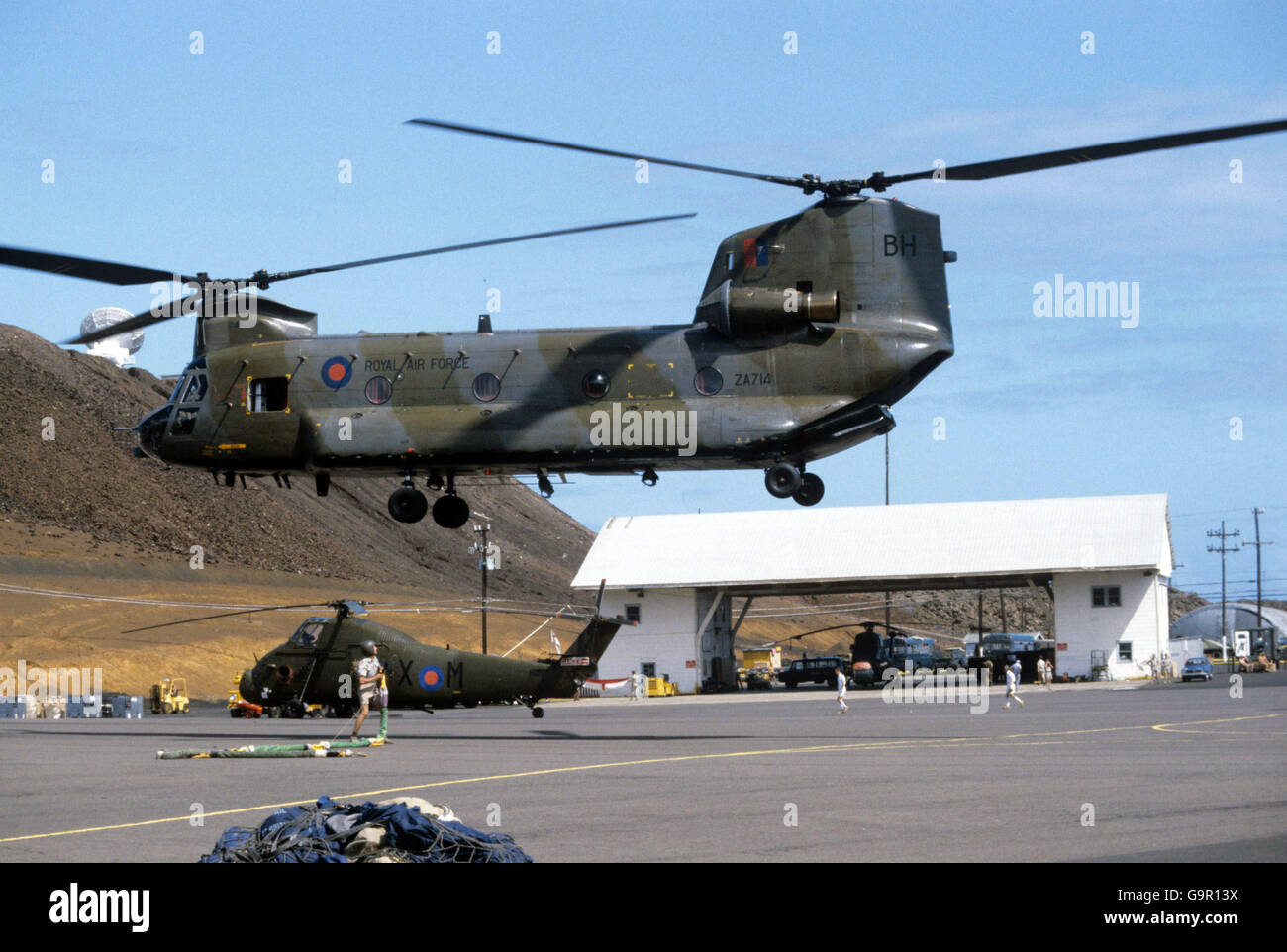 A Chinook helicopter in operation over the runway on Ascension Island, the volcanic landmark in the Atlantic which has proved a vital staging post for the British task force in the Falklands. Stock Photo