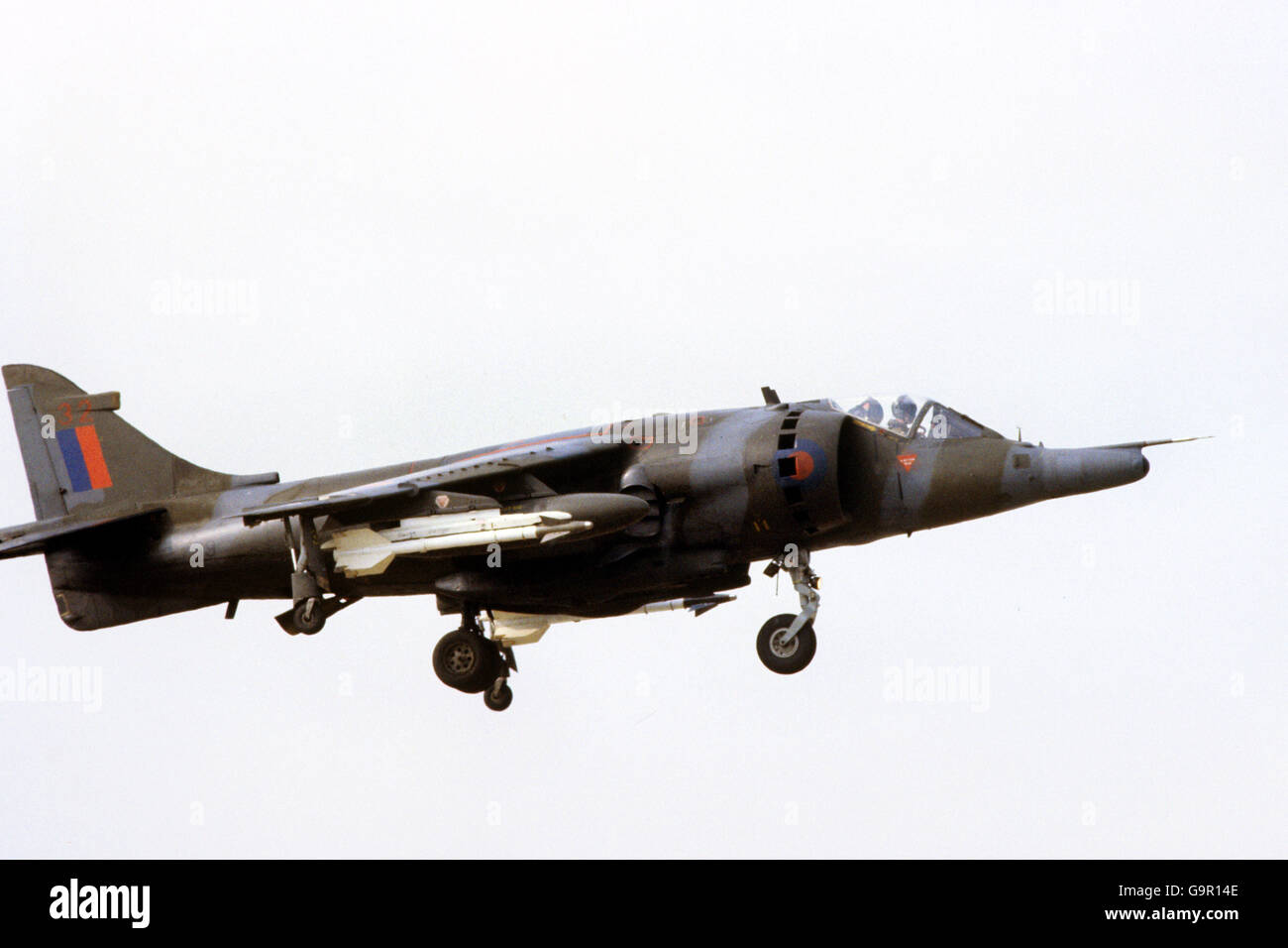 An RAF Harrier, modified to carry Sidewinder air-to-air missiles for possible use with the Falklands task force, in flight at RAF Wittering, Cambridgeshire. The RAF Harriers are to back-up the Navy's Sea Harriers. Stock Photo