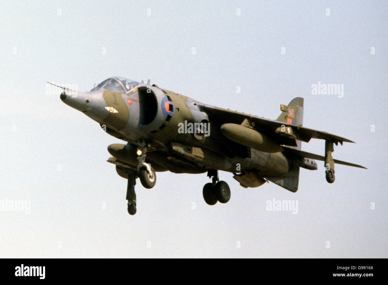 An RAF Harrier being put through its paces at RAF Yeovilton, Royal Air Force pilots were being given an intensive course to familiarise them with the problems of deck operations in readiness to join the task force to the Falklands. Stock Photo