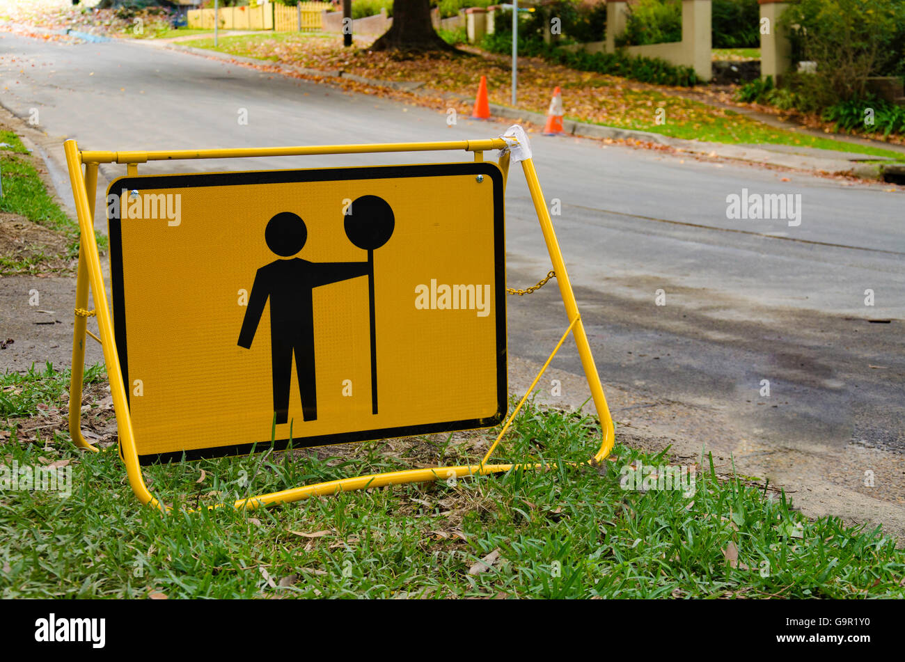 A roadside sign warns motorists of the possible need to stop up ahead Stock Photo