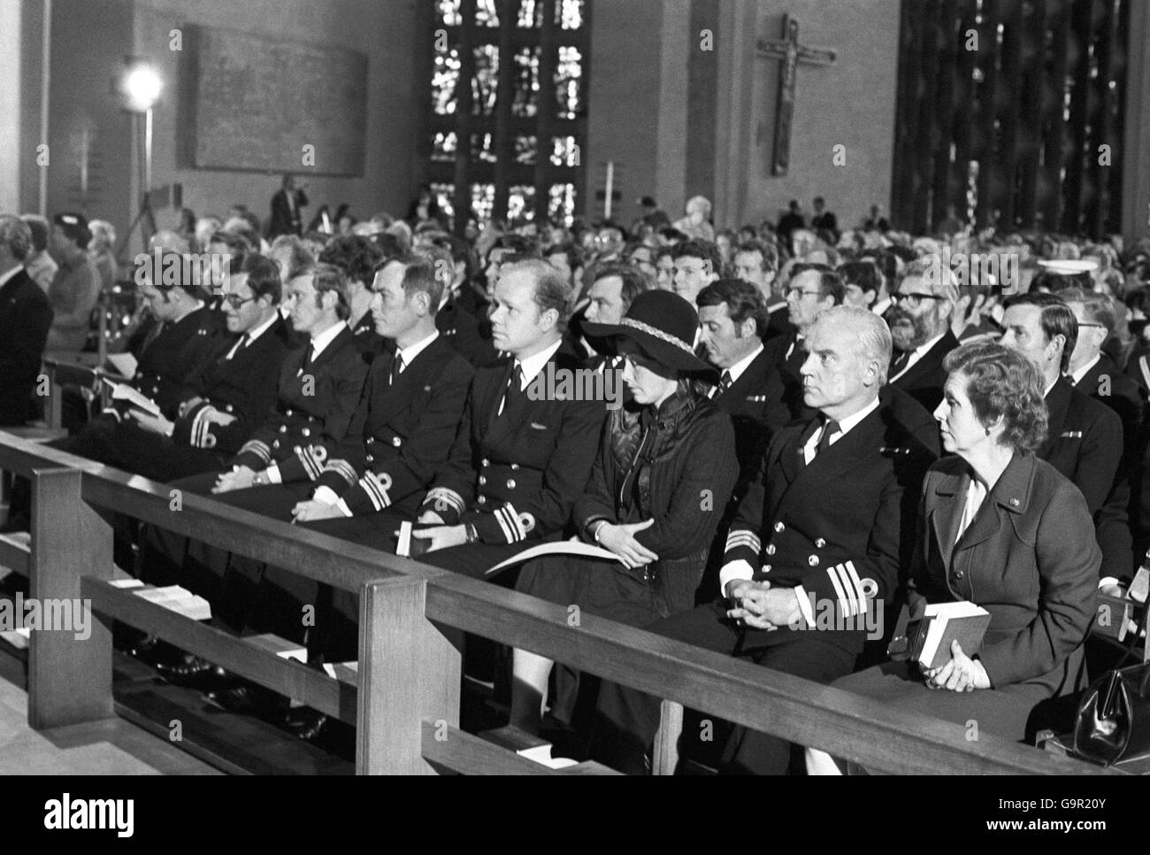 Royal Naval officers among the congregation at Coventry cathedral during a Memorial Service for the men who lost their lives in the Type 42 destroyer named after the city. Stock Photo