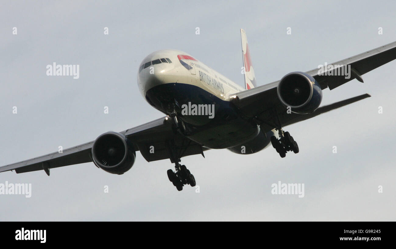 Generic transport pics. British Airways Boeing 777 lands at London's Heathrow Airport. Stock Photo