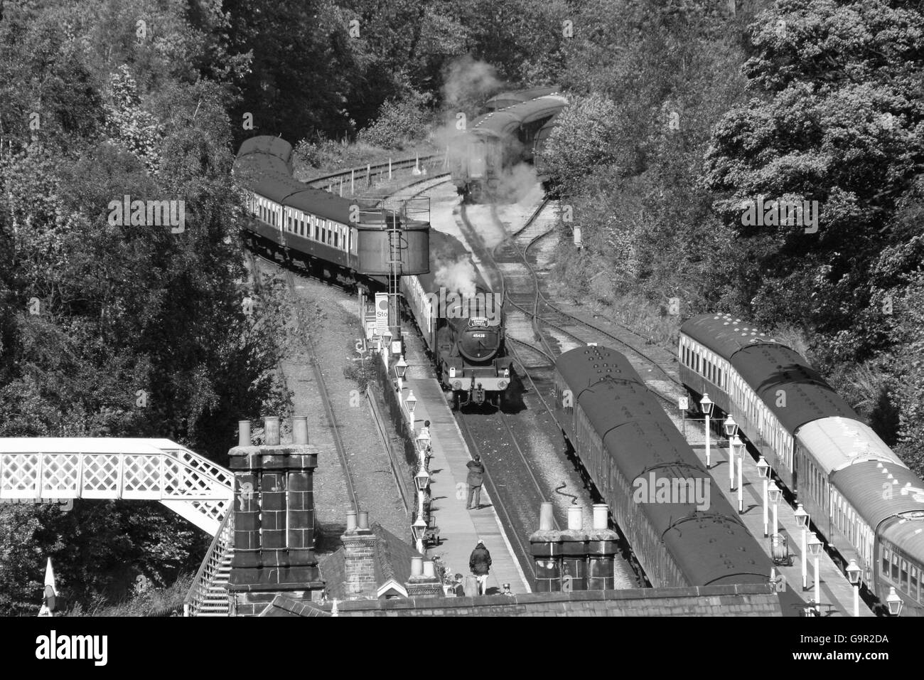 Black 5 45428 arrives at Grosmont from Whitby with the Yorkshire Coast Express Stock Photo