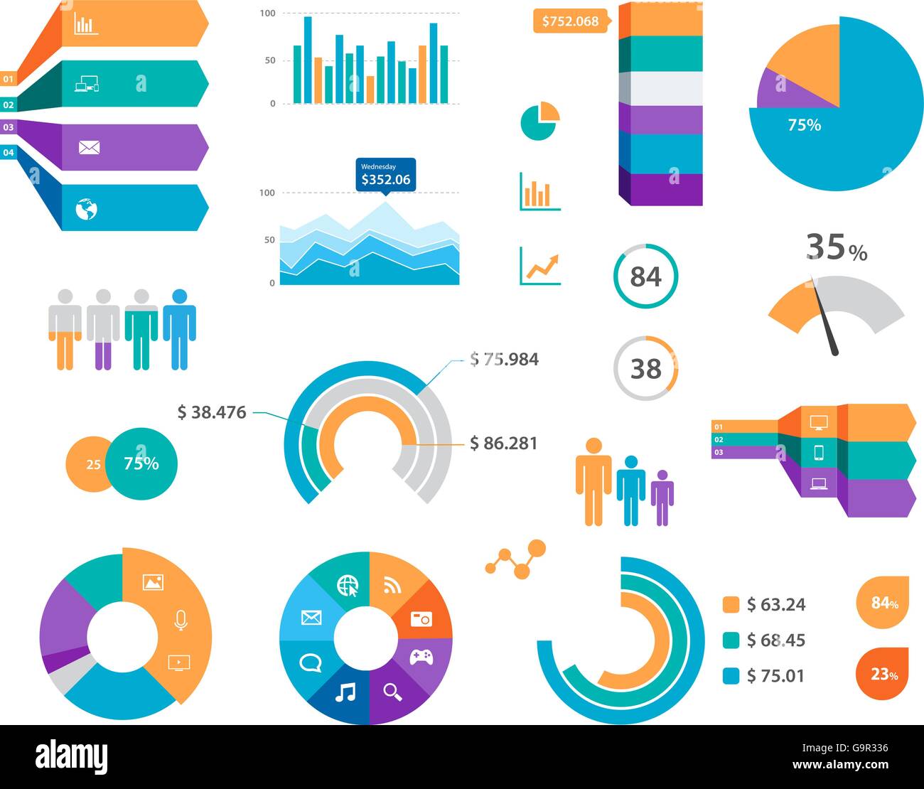 This image is a vector file representing a set of  Vector Infographics Chart Labels And Icons. Stock Vector