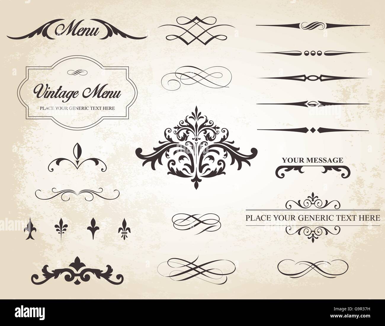 This image is a vector set that contains calligraphic elements, borders, page dividers, page decoration and ornaments. Stock Vector