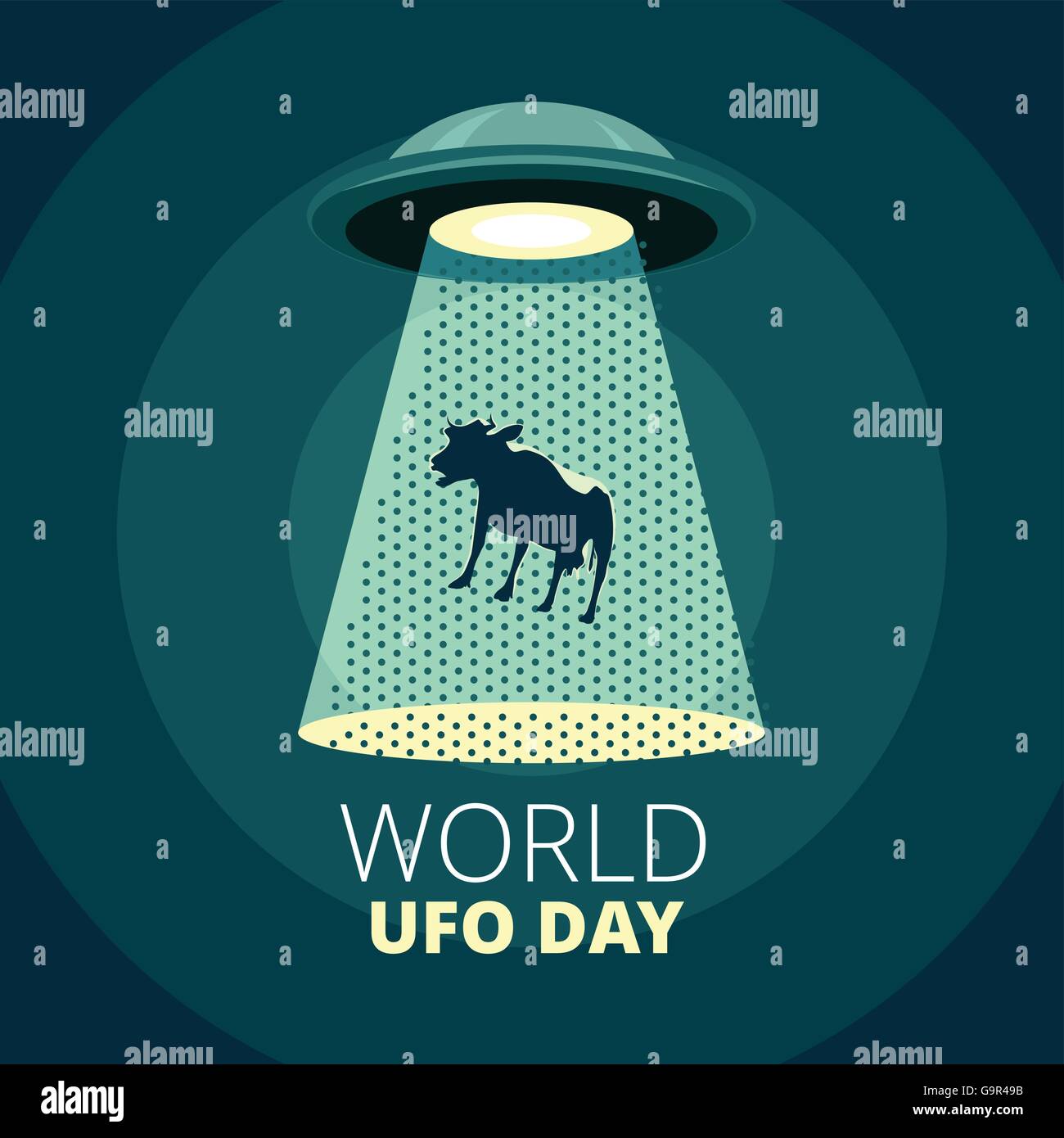 World UFO Day. Flying saucer catching a cow. Stock Vector
