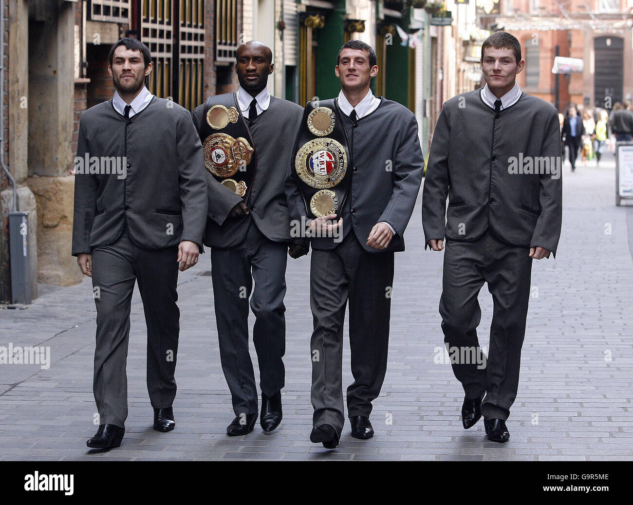 Boxers Left to right Paul Smith, Souleymane M'Baye, Derry Matthews and Joe  McNally dressed as the Beatles during a photo call at The Cavern Club,  Liverpool. All boxers will fight at Liverpool's