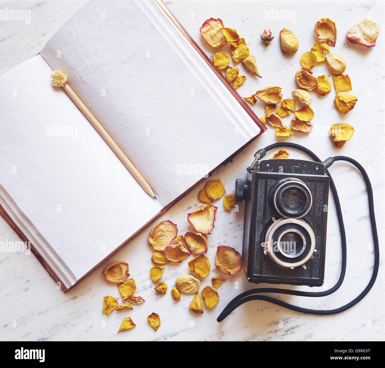 Vintage camera on marble background with blank notebook and dried roses ...