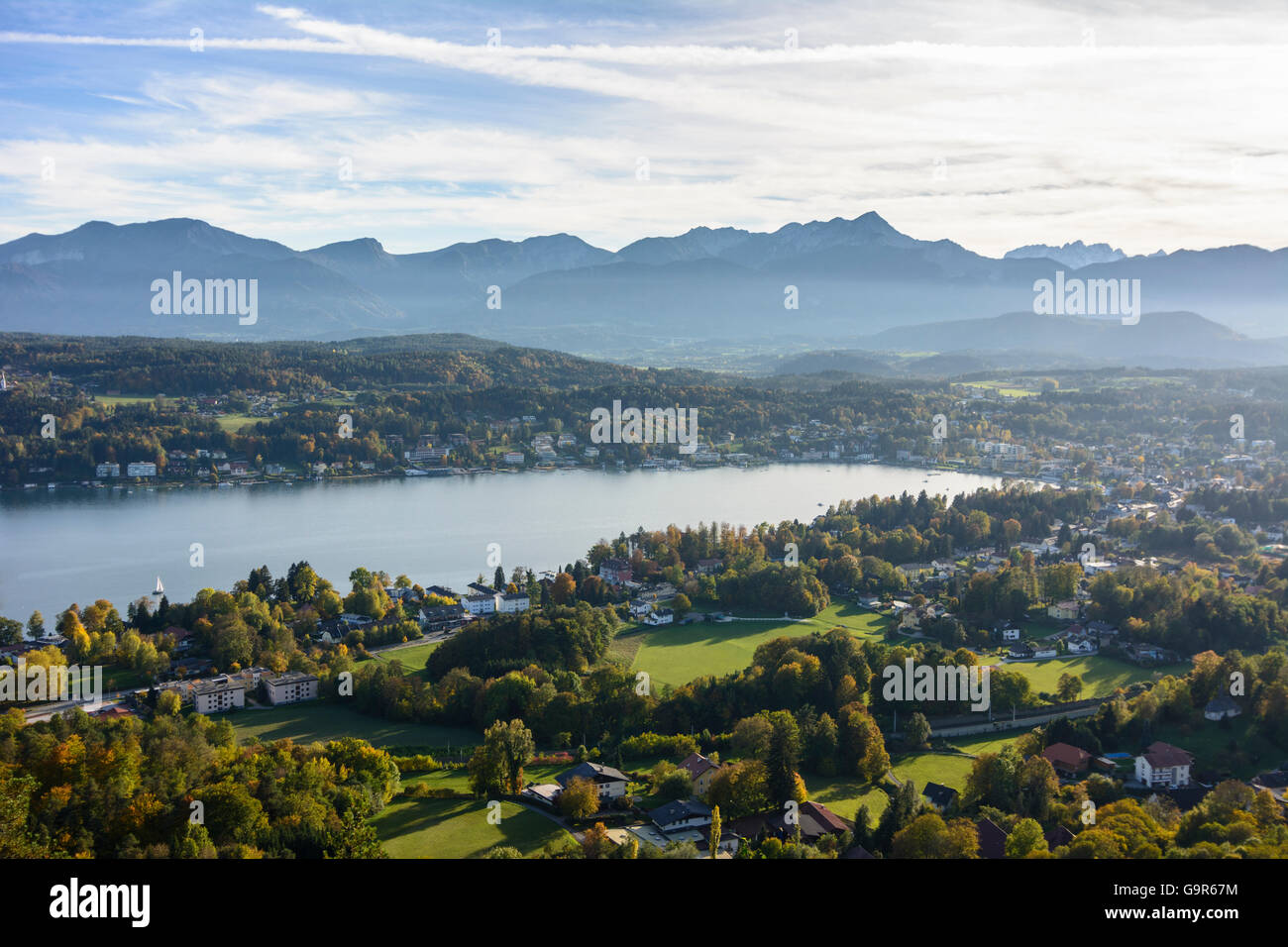 view from Hohes Kreuz to lake Wörthersee, Velden, mountain Karawanken, Velden am Wörther See, Austria, Kärnten, Carinthia, Stock Photo