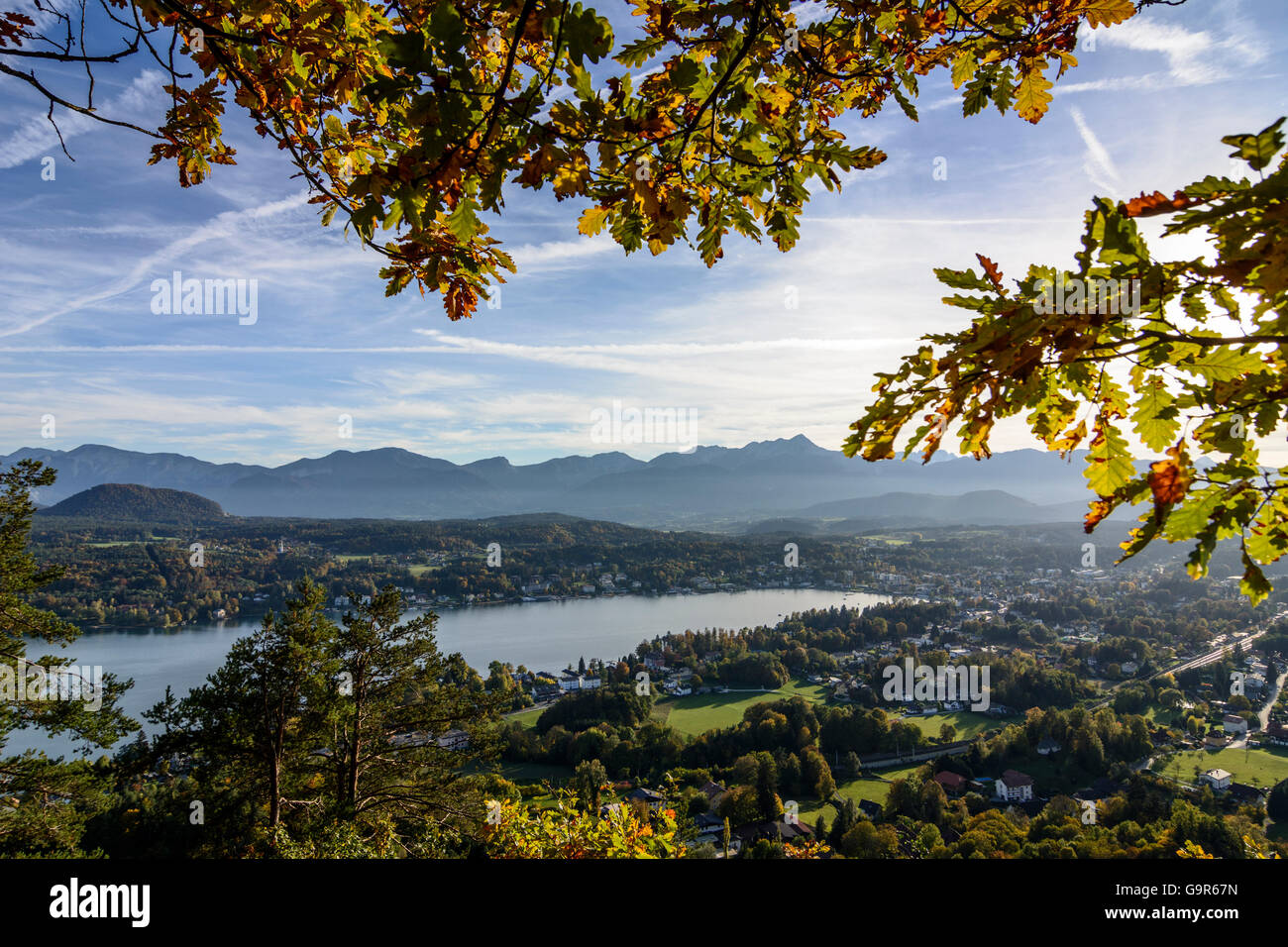view from Hohes Kreuz to lake Wörthersee, Velden, mountain Karawanken, Velden am Wörther See, Austria, Kärnten, Carinthia, Stock Photo