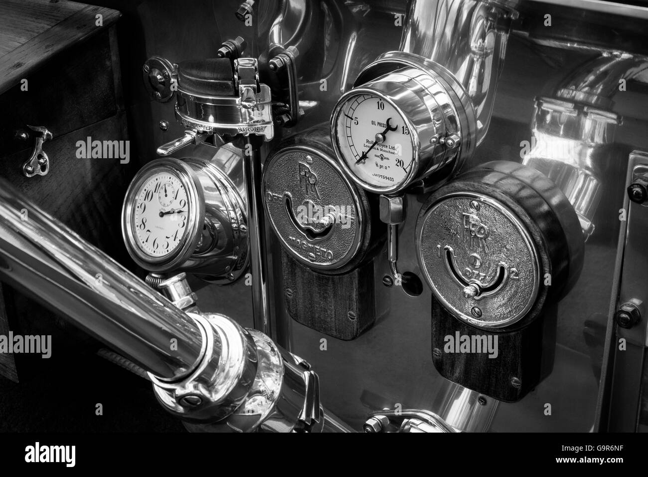 Controls on the Dashboard of a Rolls Royce Silver Ghost in Black & White Stock Photo