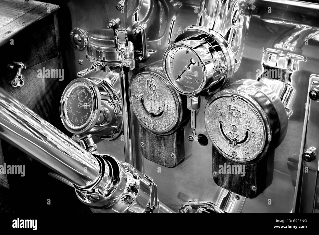 Controls on the Dashboard of a Rolls Royce Silver Ghost with a solarize effect Stock Photo