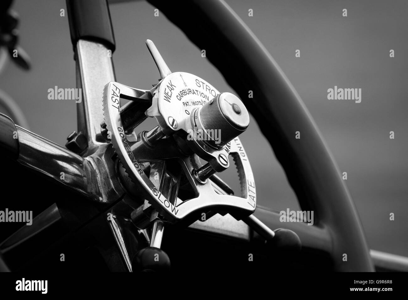 Steering wheel controls of a vintage Rolls Royce Car in Black & White Stock Photo