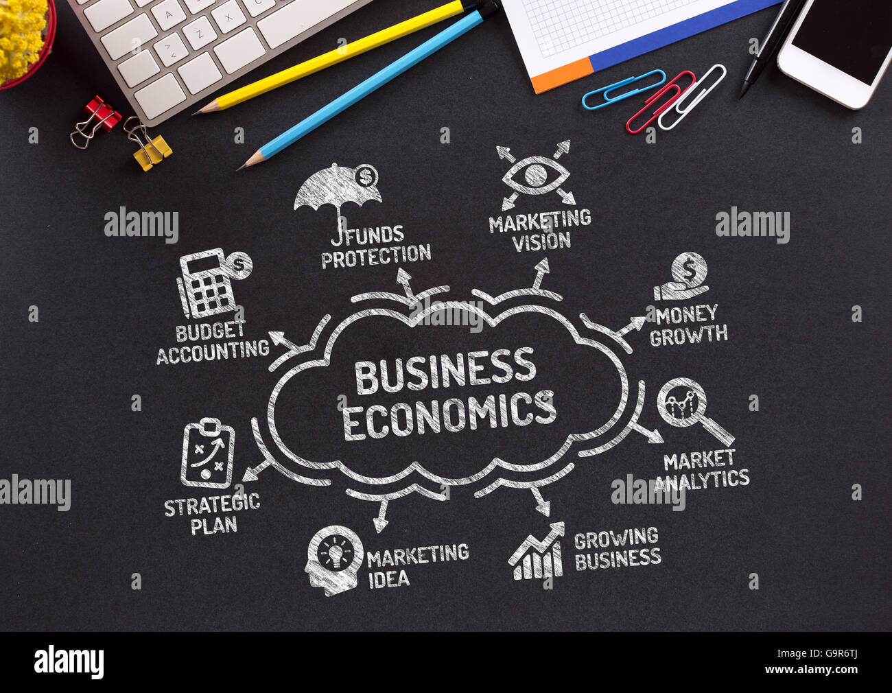 Business Economics Chart with keywords and icons on blackboard Stock Photo