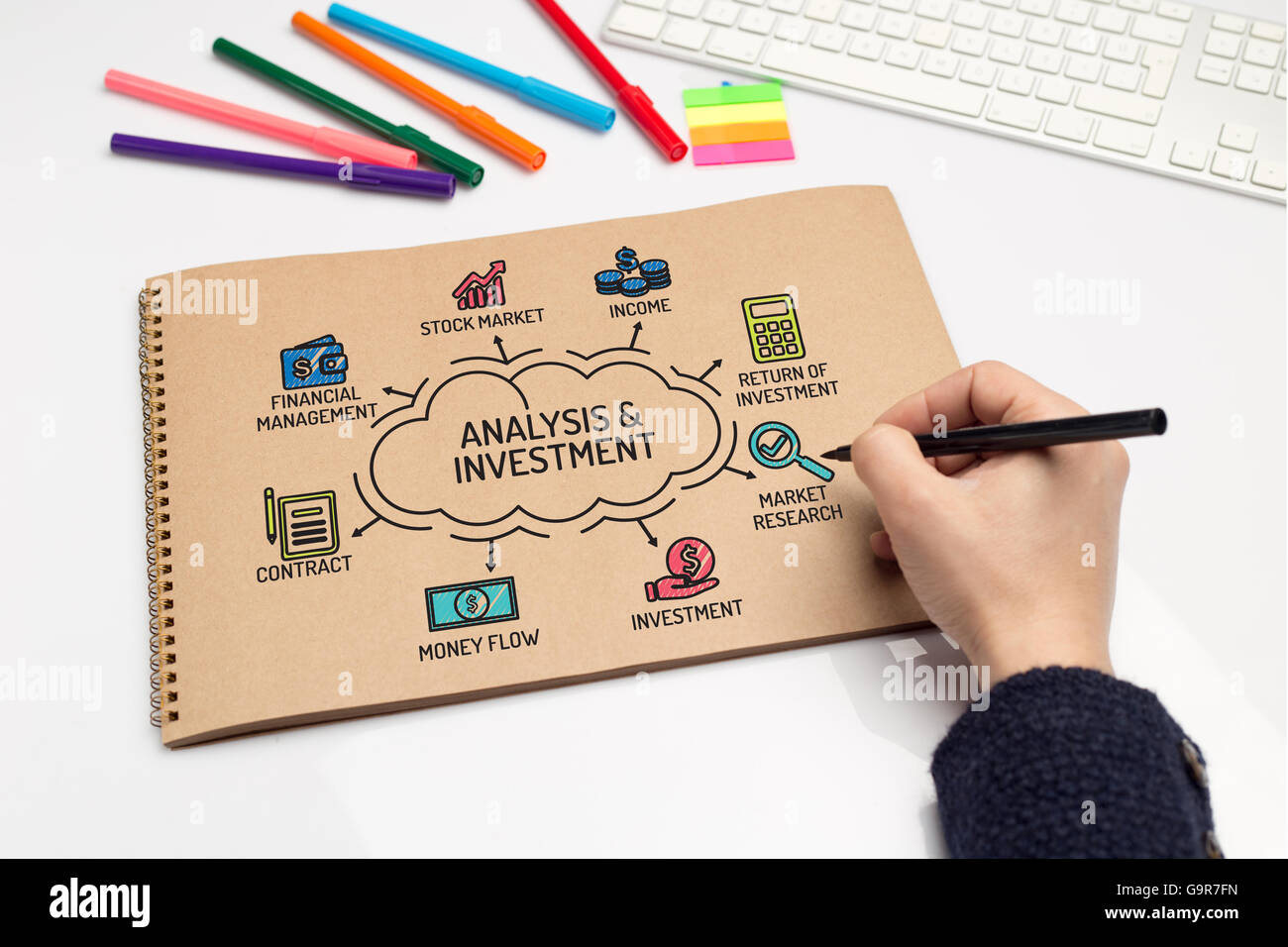 Analysis and Investment chart with keywords and sketch icons Stock Photo