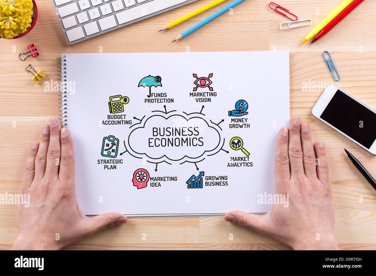 Business Economics chart with keywords and sketch icons Stock Photo