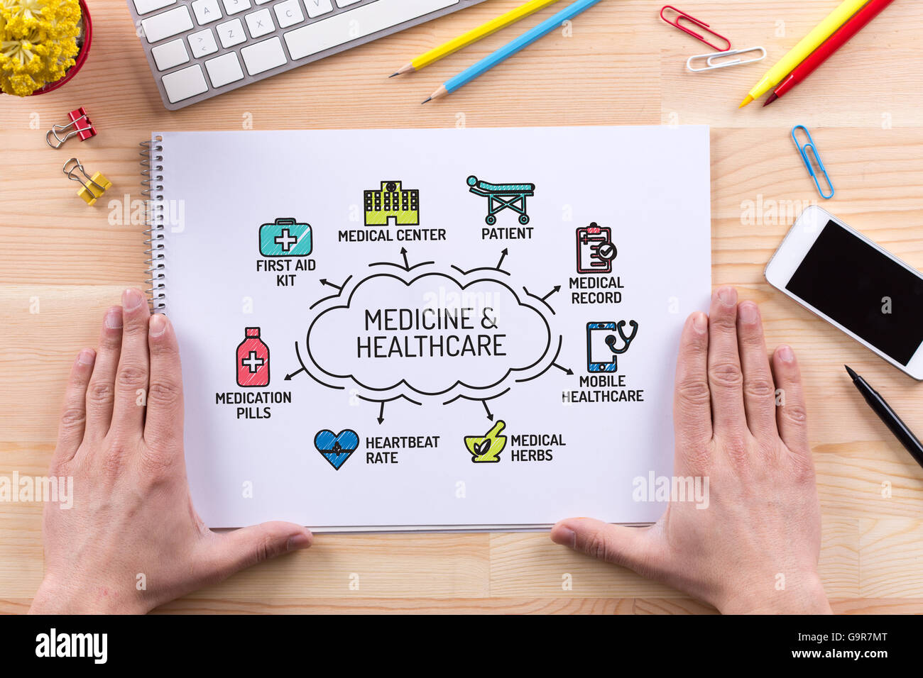 Medicine and Healthcare chart with keywords and sketch icons Stock Photo