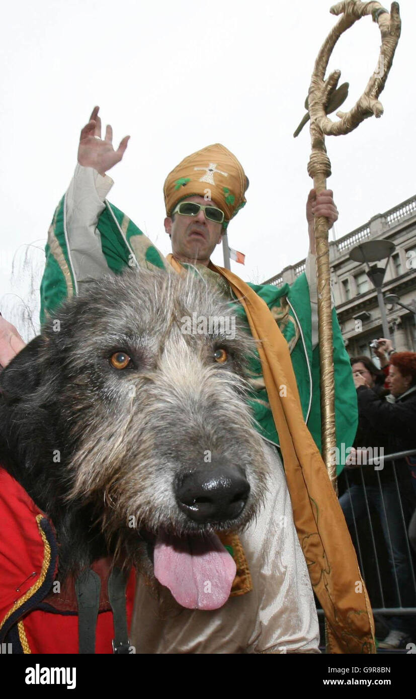 A man dressed as Ireland's St Patrick takes part in the annual St Patrick's Day parade in Dublin. Stock Photo