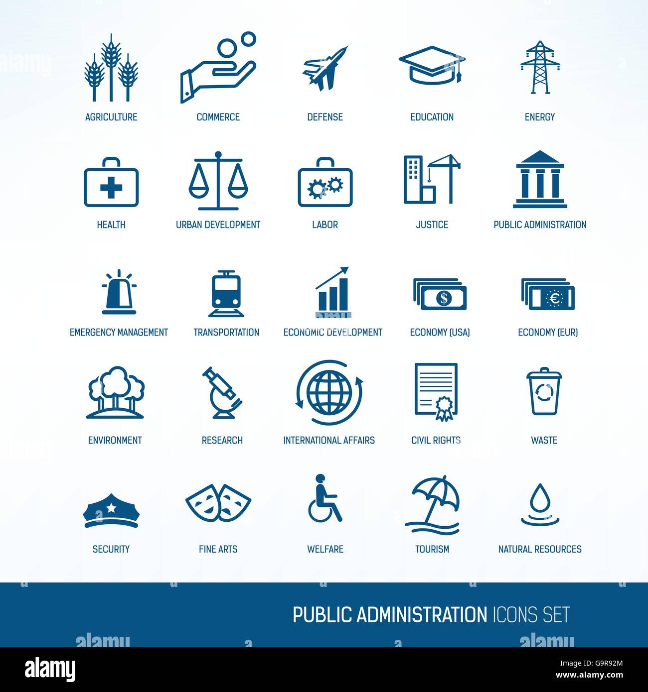 Government and public administration departments vector icons set Stock Vector