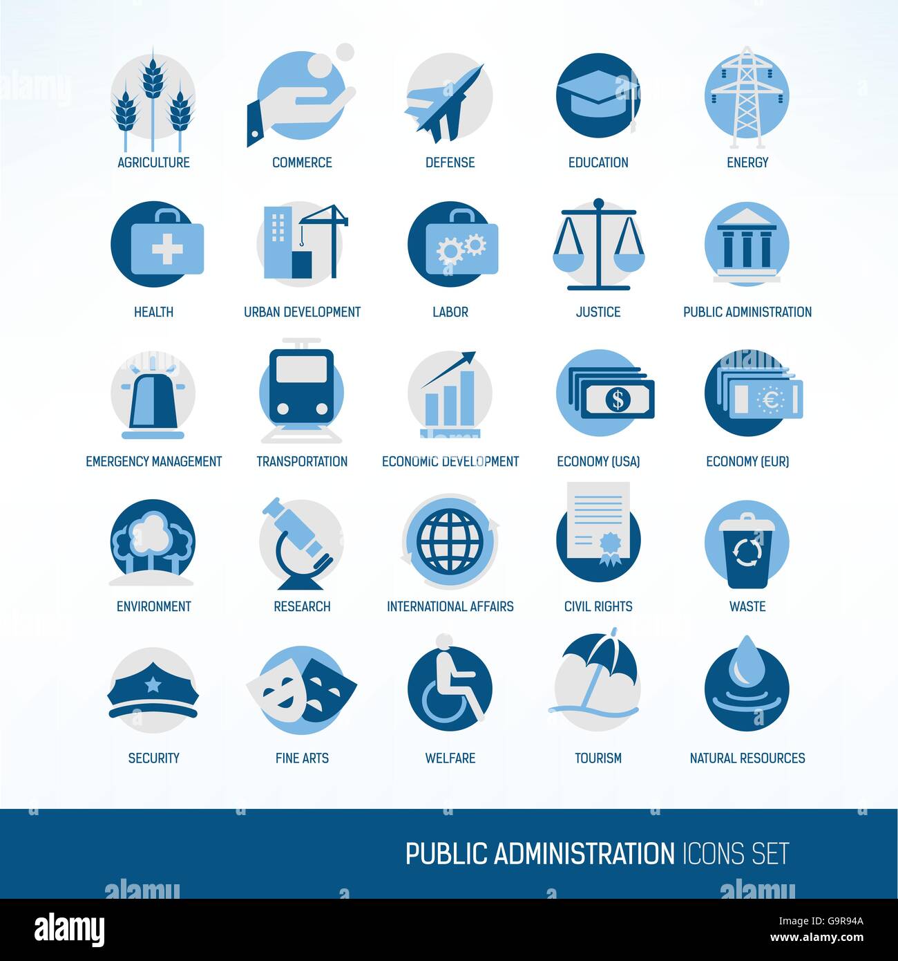Government and public administration departments vector icons set Stock Vector