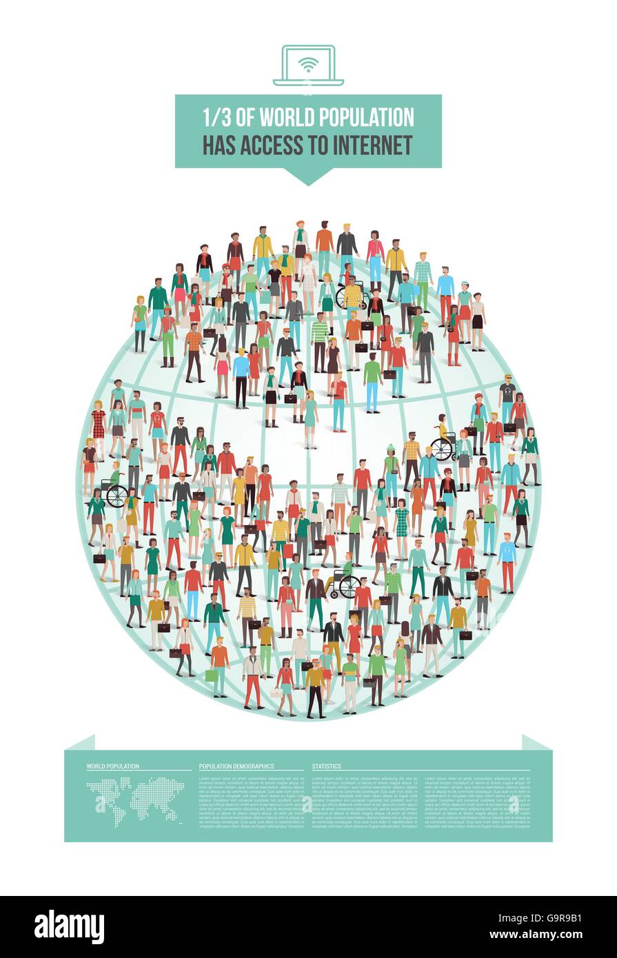 Global internet usage statistic demographics, pie chart composed of people, vector infographic Stock Vector