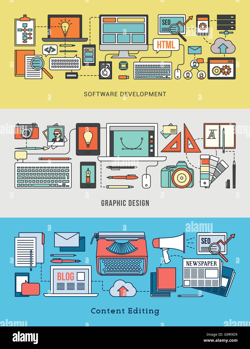 Development, design, marketing and content editing banner set with computer networks and work tools Stock Vector