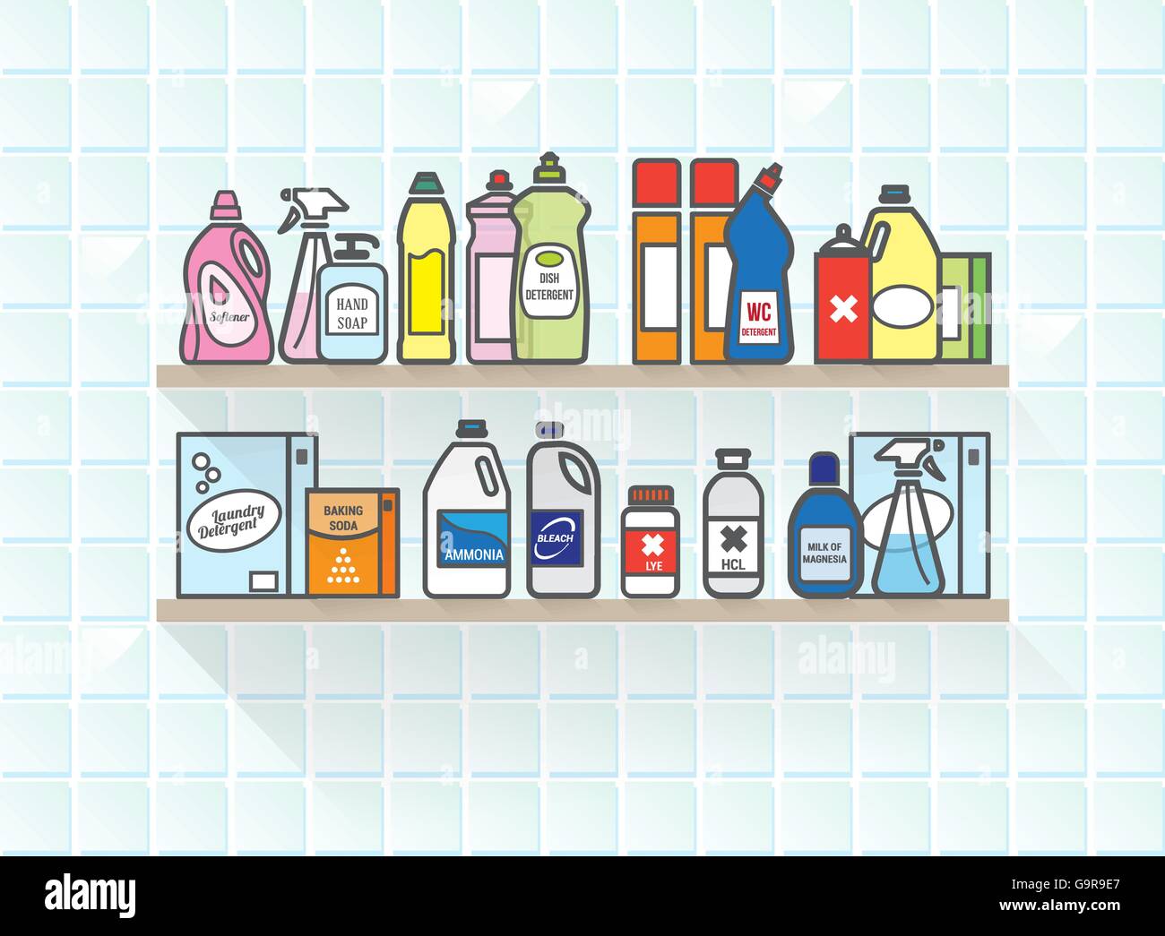 Detergents set on bathroom shelf including different types of packaging Stock Vector