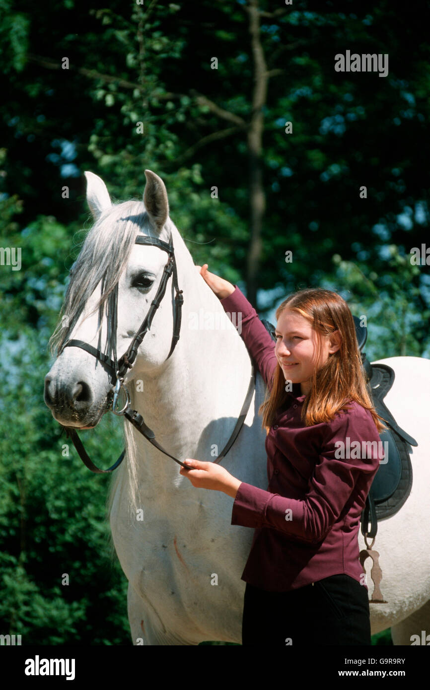 Girl with Andalusian, gelding / PRE, Pura Raza Espanol, bridle, tack Stock Photo