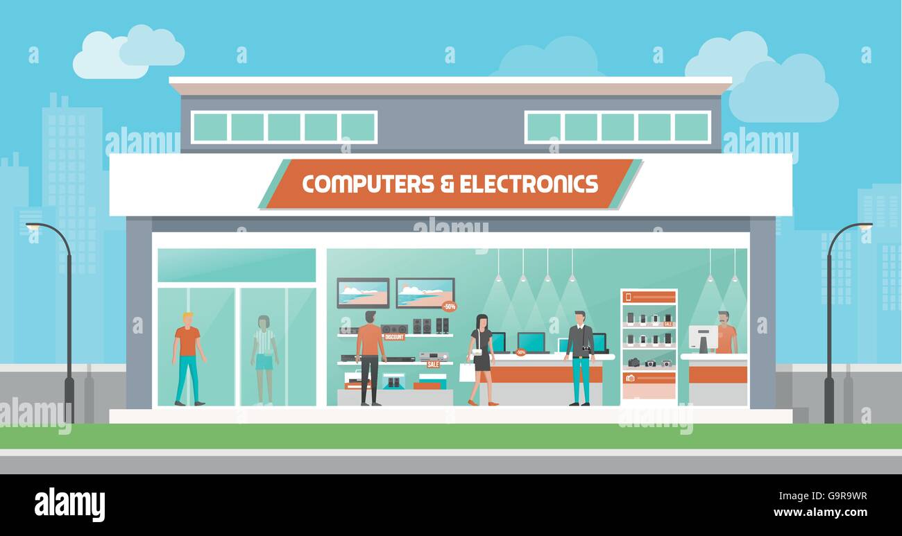Computers and electronics store building and interior, laptops mobile phones and television screens showcase and customers buyin Stock Vector