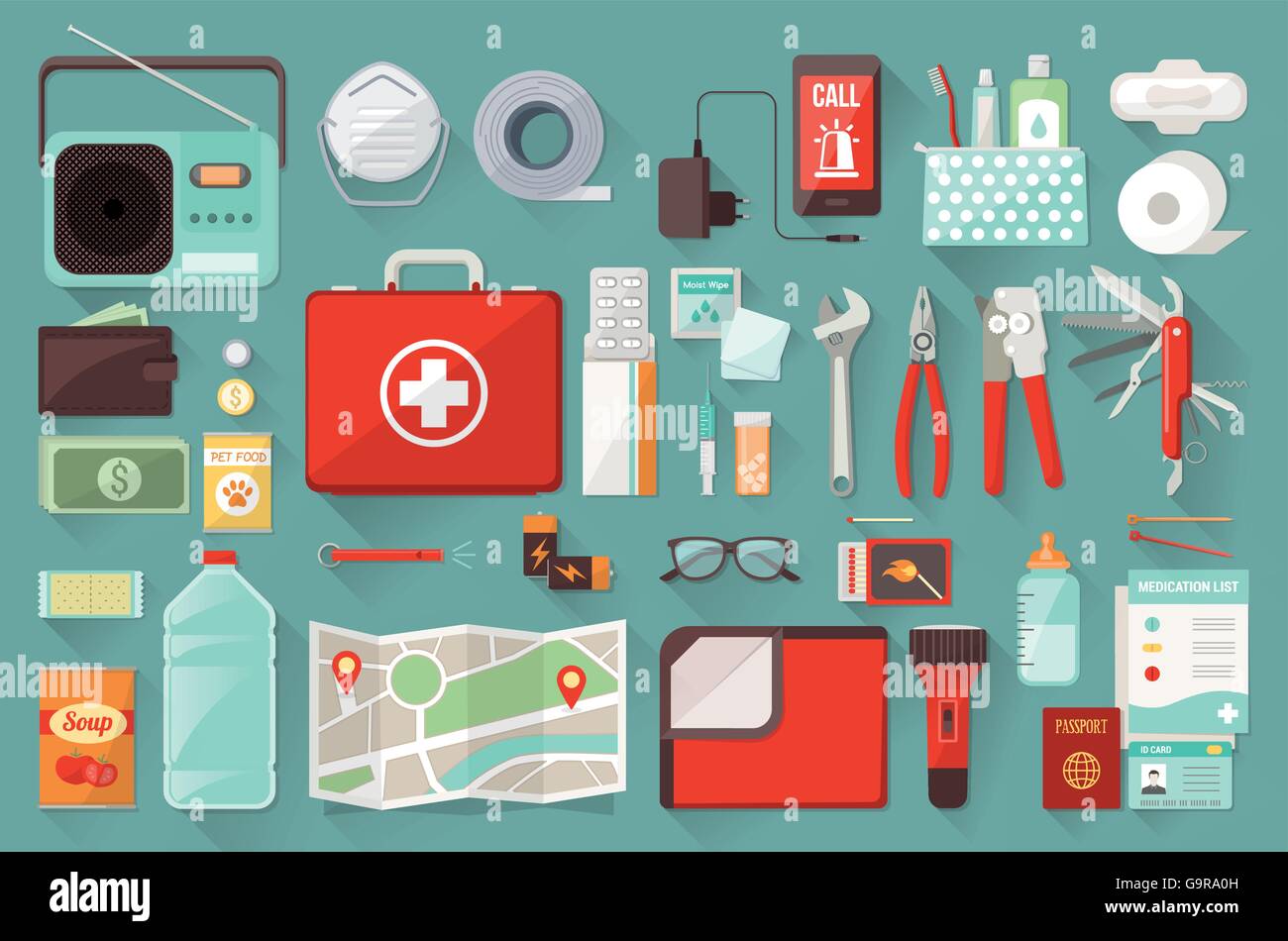 https://c8.alamy.com/comp/G9RA0H/survival-emergency-kit-for-evacuation-vector-objects-set-on-white-G9RA0H.jpg