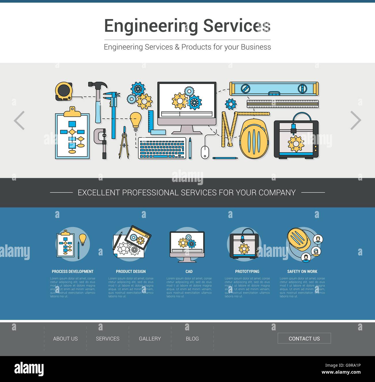 Engineering professional services web template, project, measuring and prototyping concept Stock Vector