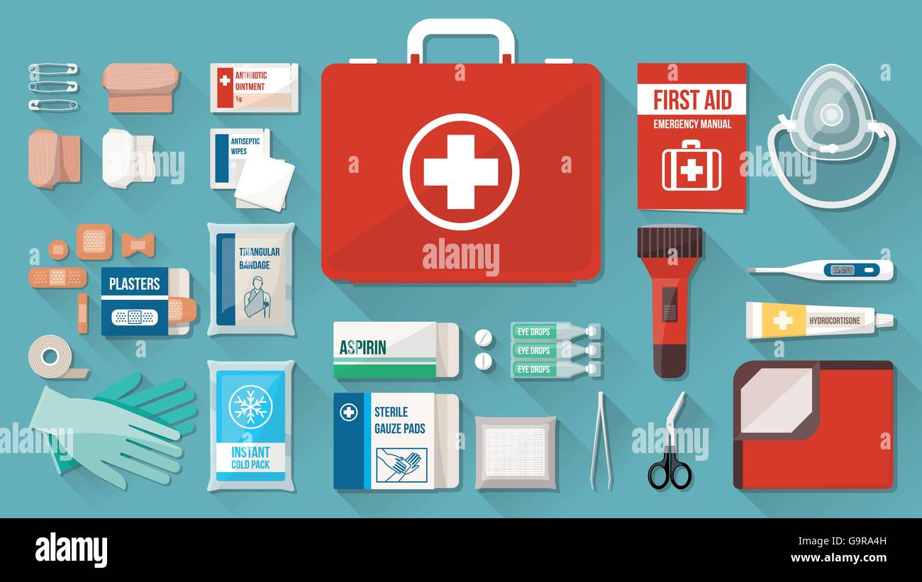 First aid kit box with medical equipment and medications for emergency, objects top view Stock Vector