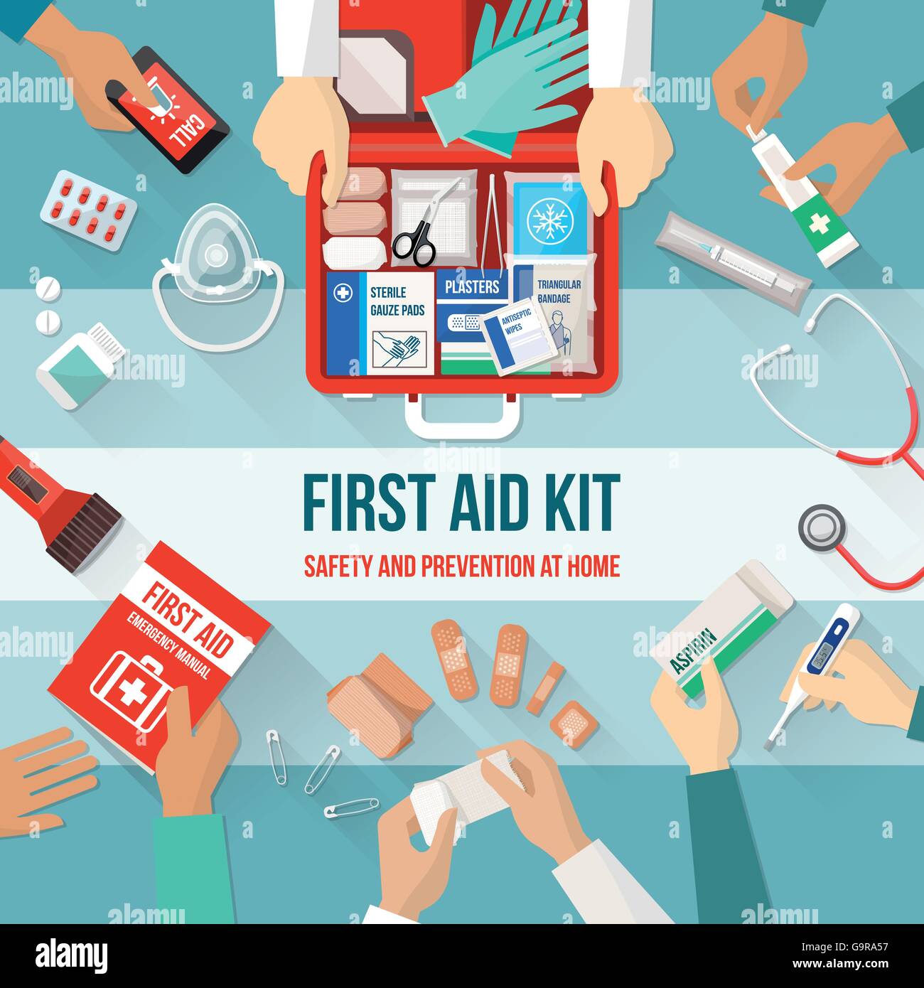 First aid kit with medications and emergency equipment and medical team hands Stock Vector