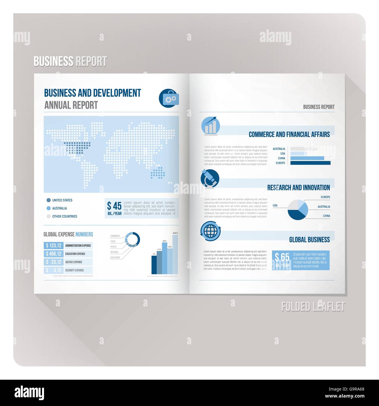 Annual report brochure with copy space and icons set Stock Vector