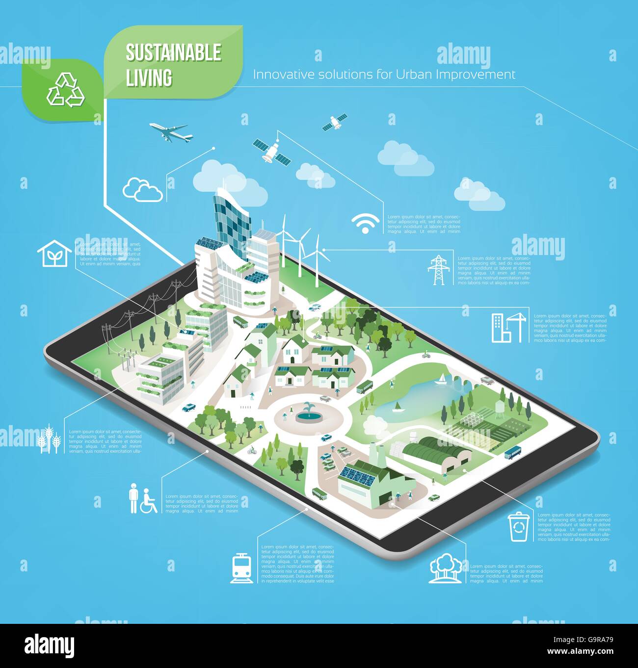 Sustainable city on a digital touch screen tablet with icons set on architecture and environmental care Stock Vector